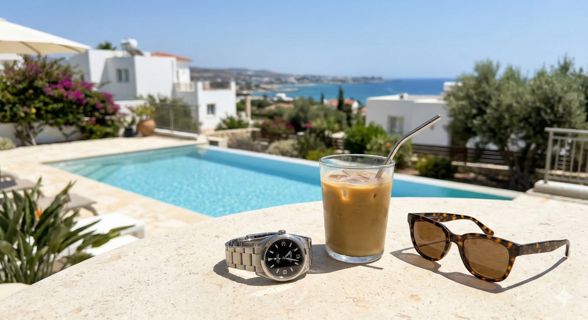 Relaxing by the pool with an iced coffee